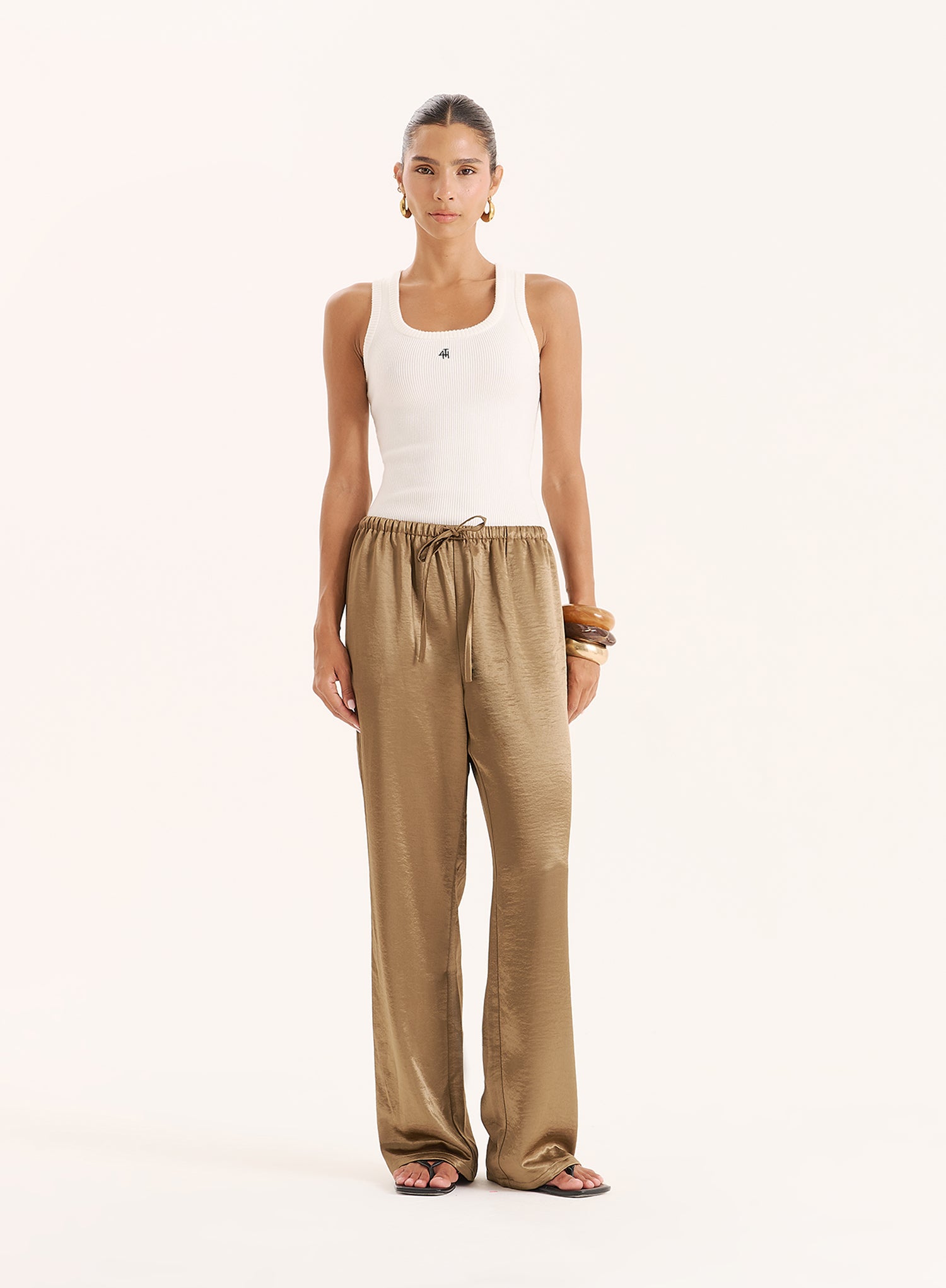 Mocha Satin Tie Waist Wide Leg Trouser